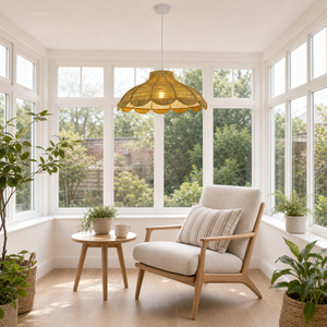 rattan pendant light in a sunlit breakfast nook