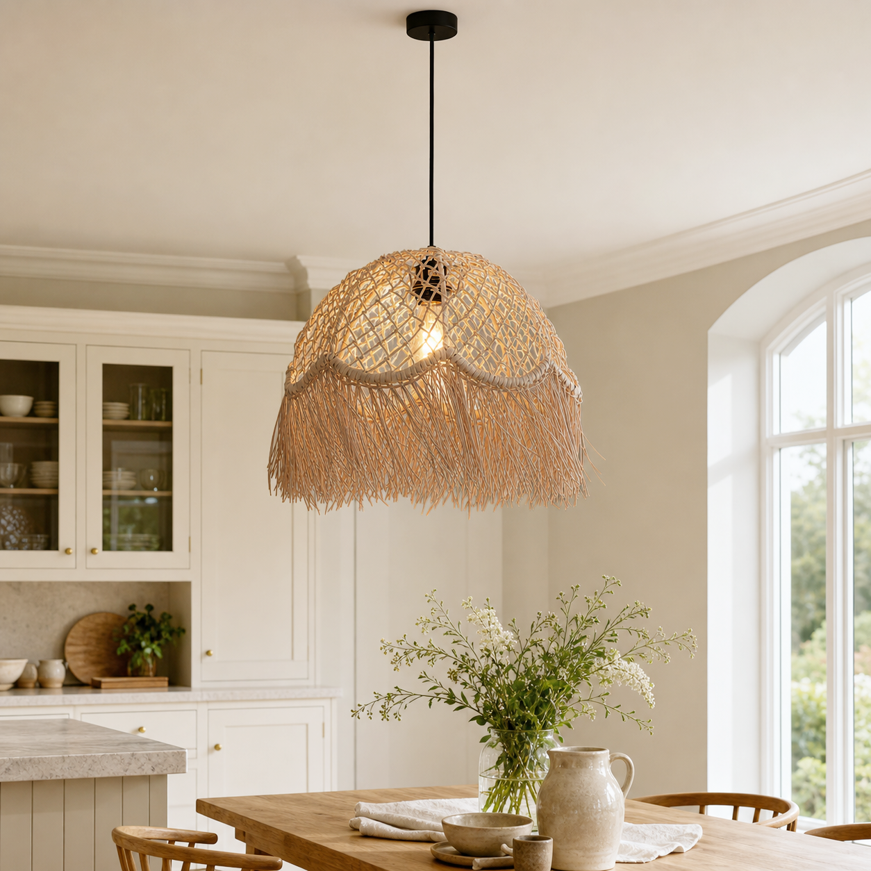 Woven rattan fringe pendant above a warm kitchen counter