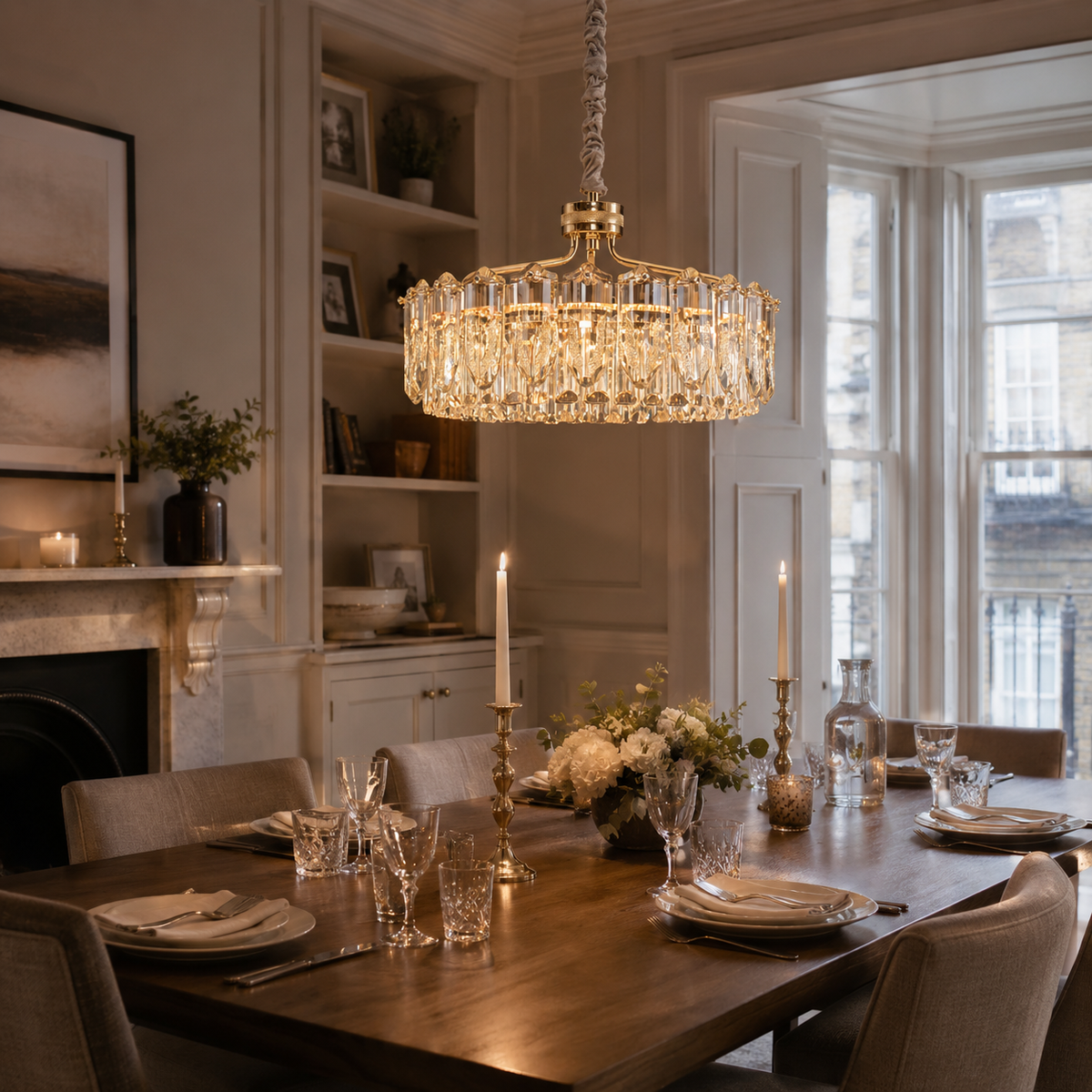 arvia-opulent crystal elegance adjustable pendant light over a warm kitchen counter