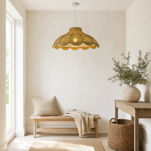 rattan pendant light beside a bright window