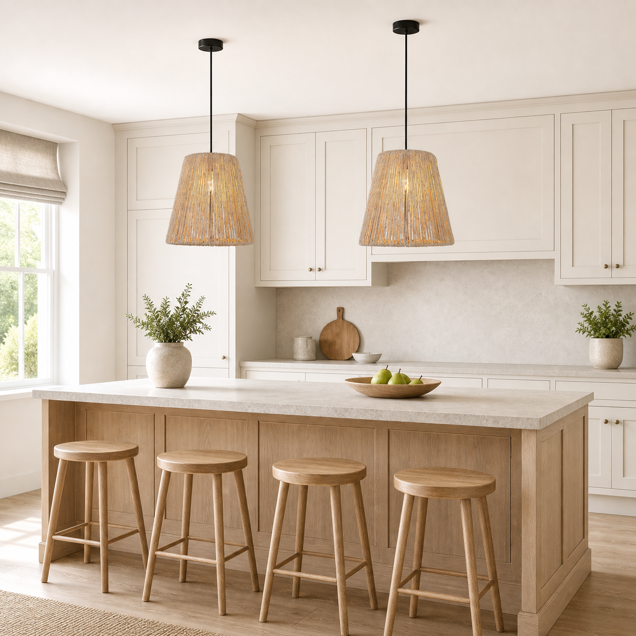 rustic hemp rope woven pendant light above a bright dining table