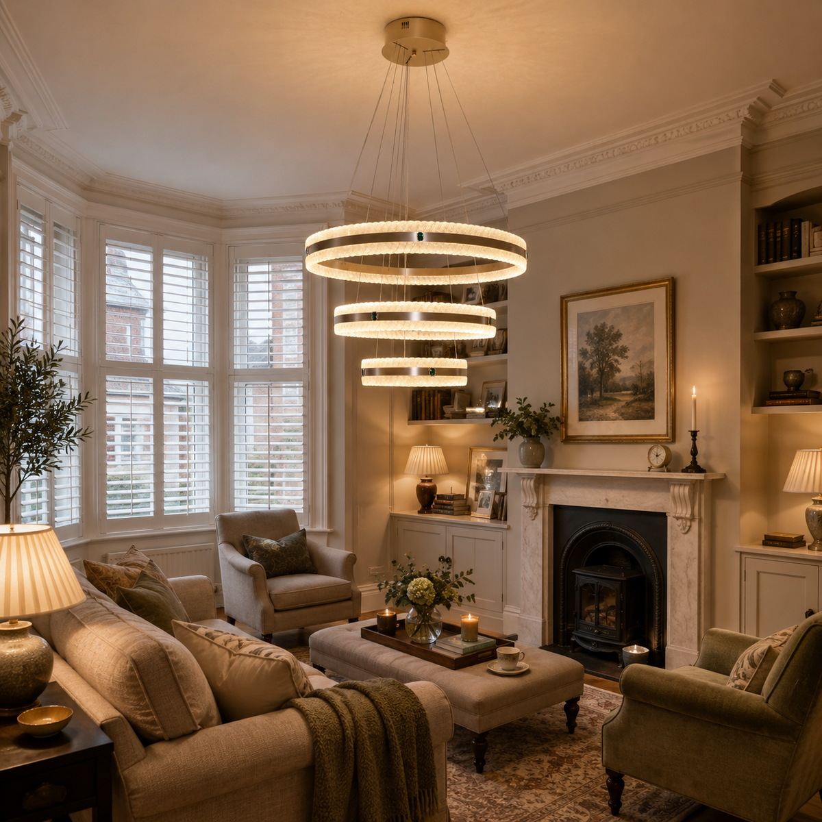 ring pendant light over a warm kitchen counter