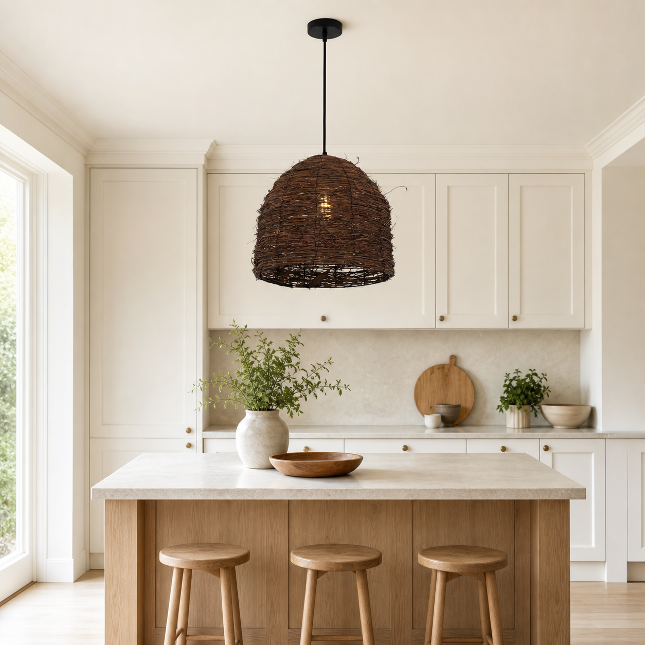 rattan dome pendant light above a bright dining table