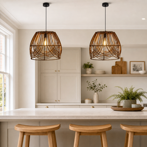 rattan pendant light above a bright dining table