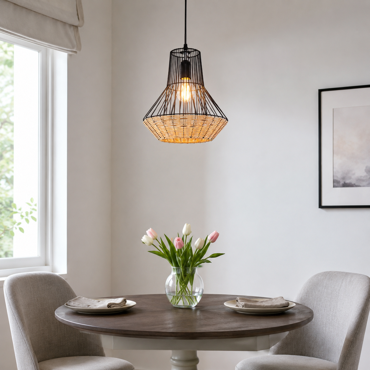 rattan iron pendant light above a bright dining table