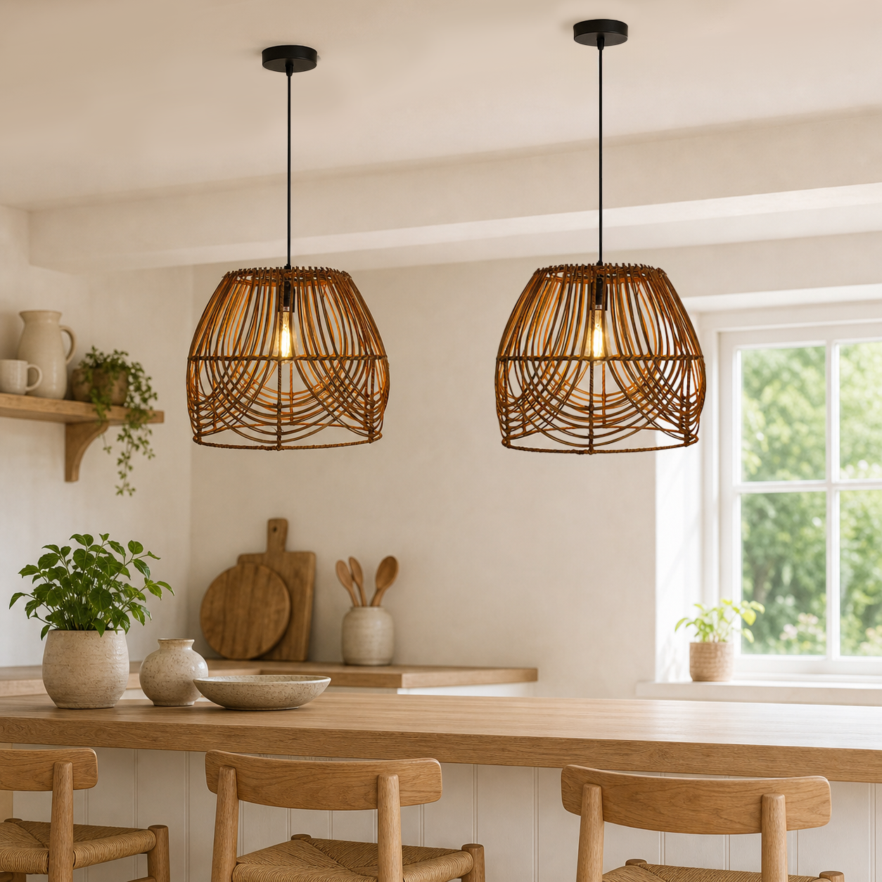 rattan pendant light beside a bright window