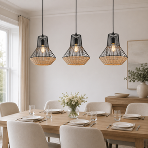 rattan iron pendant light in a sunlit breakfast nook