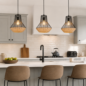 rattan iron pendant light beside a bright window