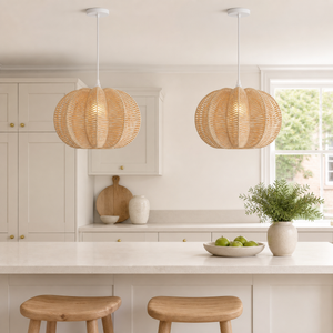 rattan pendant light above a bright dining table