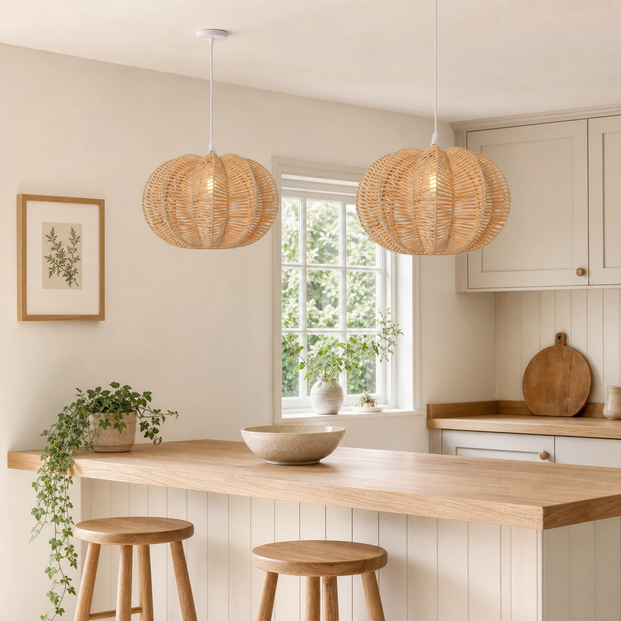 rattan pendant light beside a bright window