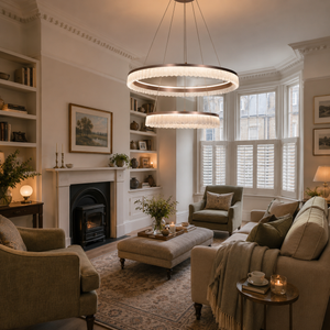 aluminium ring pendant light above a bright dining table