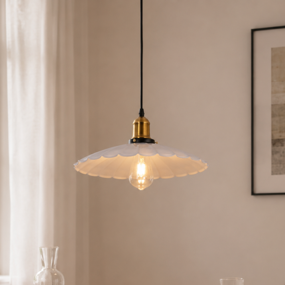 white iron pendant light with white iron shade and brass accent