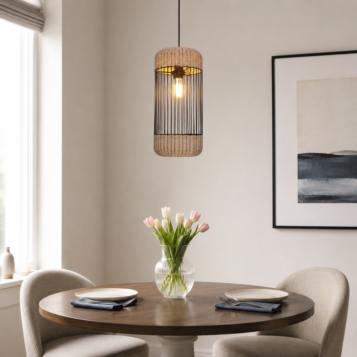 rattan iron cylinder pendant light above a bright dining table