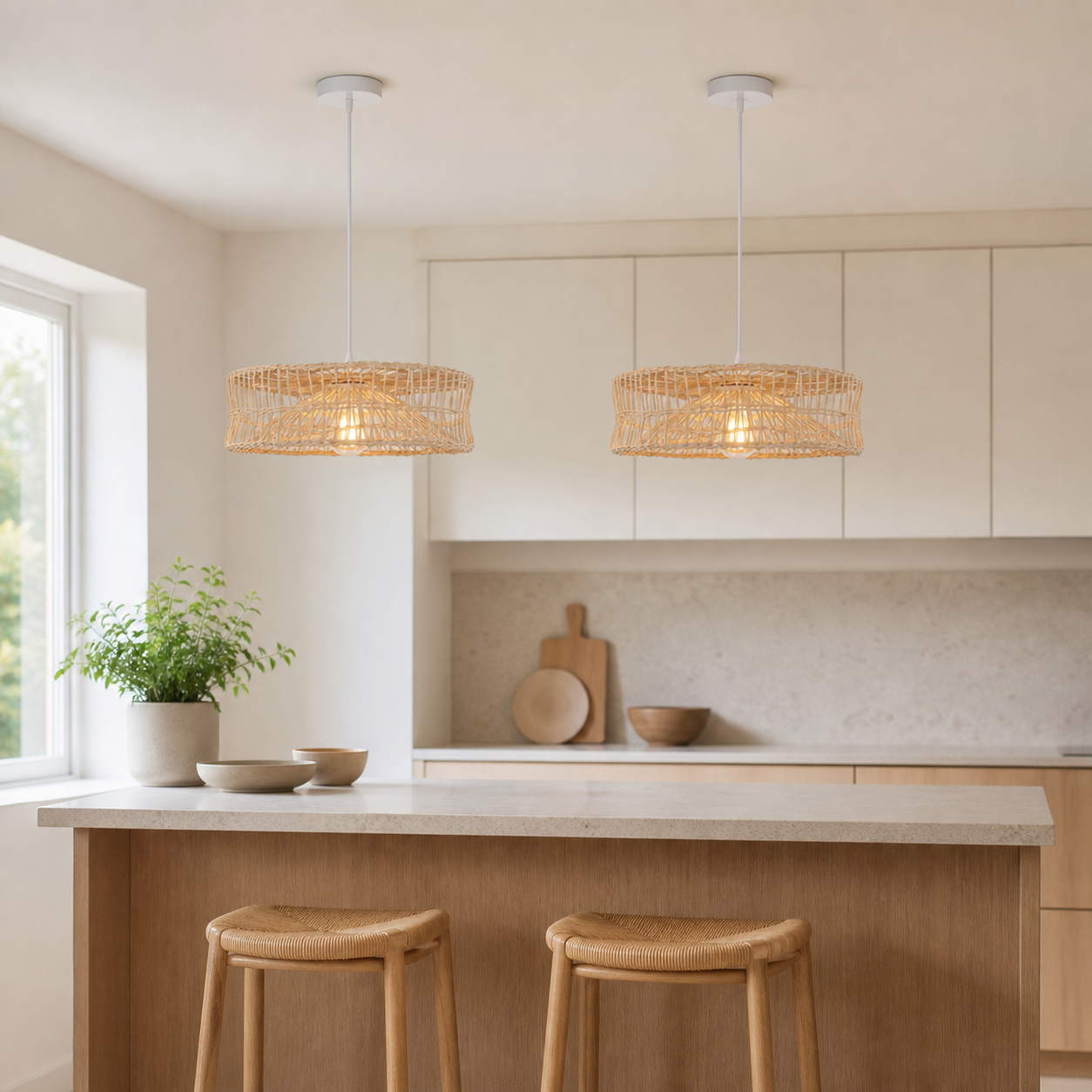 rattan pendant light in a sunlit breakfast nook