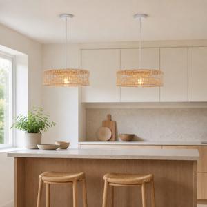 rattan pendant light in a sunlit breakfast nook
