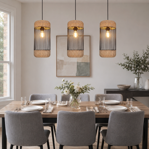 rattan iron cylinder pendant light in a sunlit breakfast nook