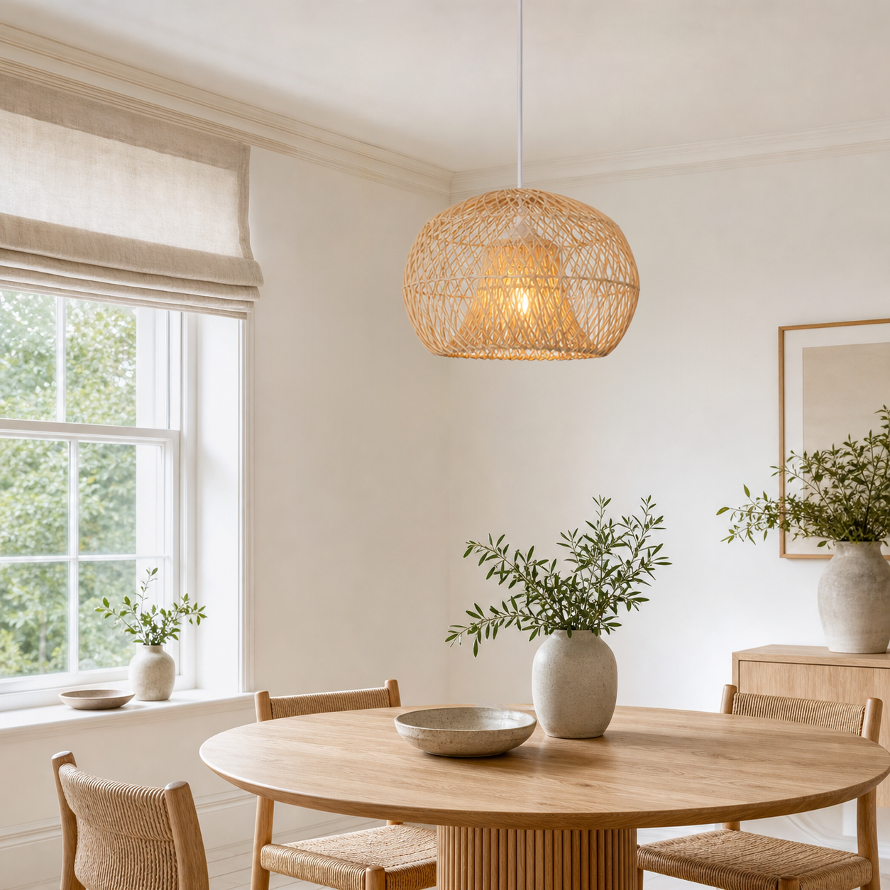 rattan pendant light over a warm kitchen counter