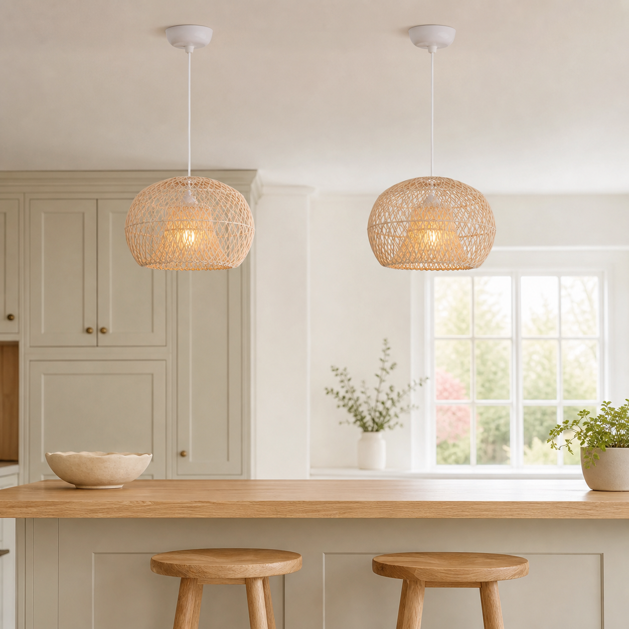 rattan pendant light beside a bright window