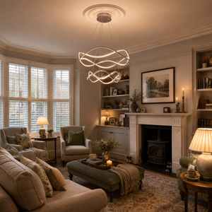led dimmable spiral design pendant light above a bright dining table