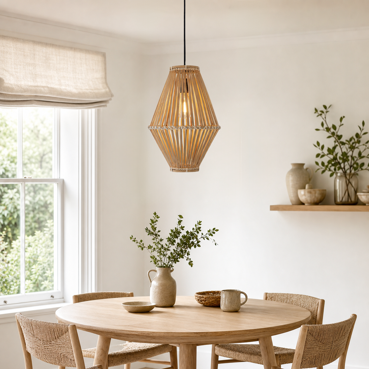 bamboo pendant light over a warm kitchen counter