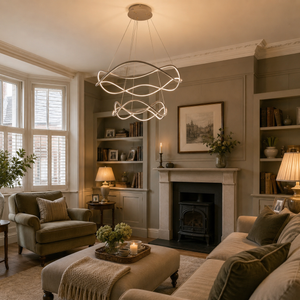 led dimmable spiral design pendant light beside a bright window