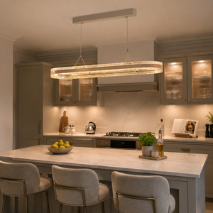 aluminium pendant light above a bright dining table