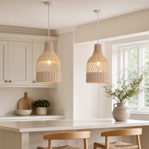 rattan pendant light above a bright dining table