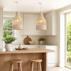 rattan pendant light in a sunlit breakfast nook