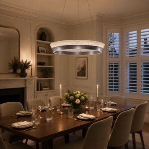 ring pendant light above a bright dining table