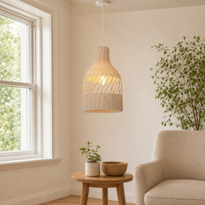 rattan pendant light above a bright dining table