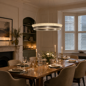ring pendant light over a warm kitchen counter