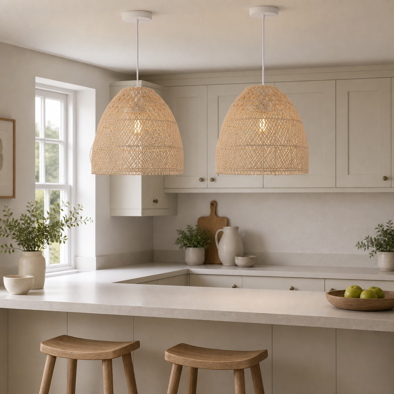 rattan dome bell pendant light above a bright dining table