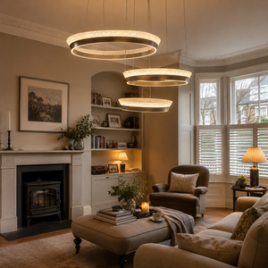 ring pendant light over a warm kitchen counter
