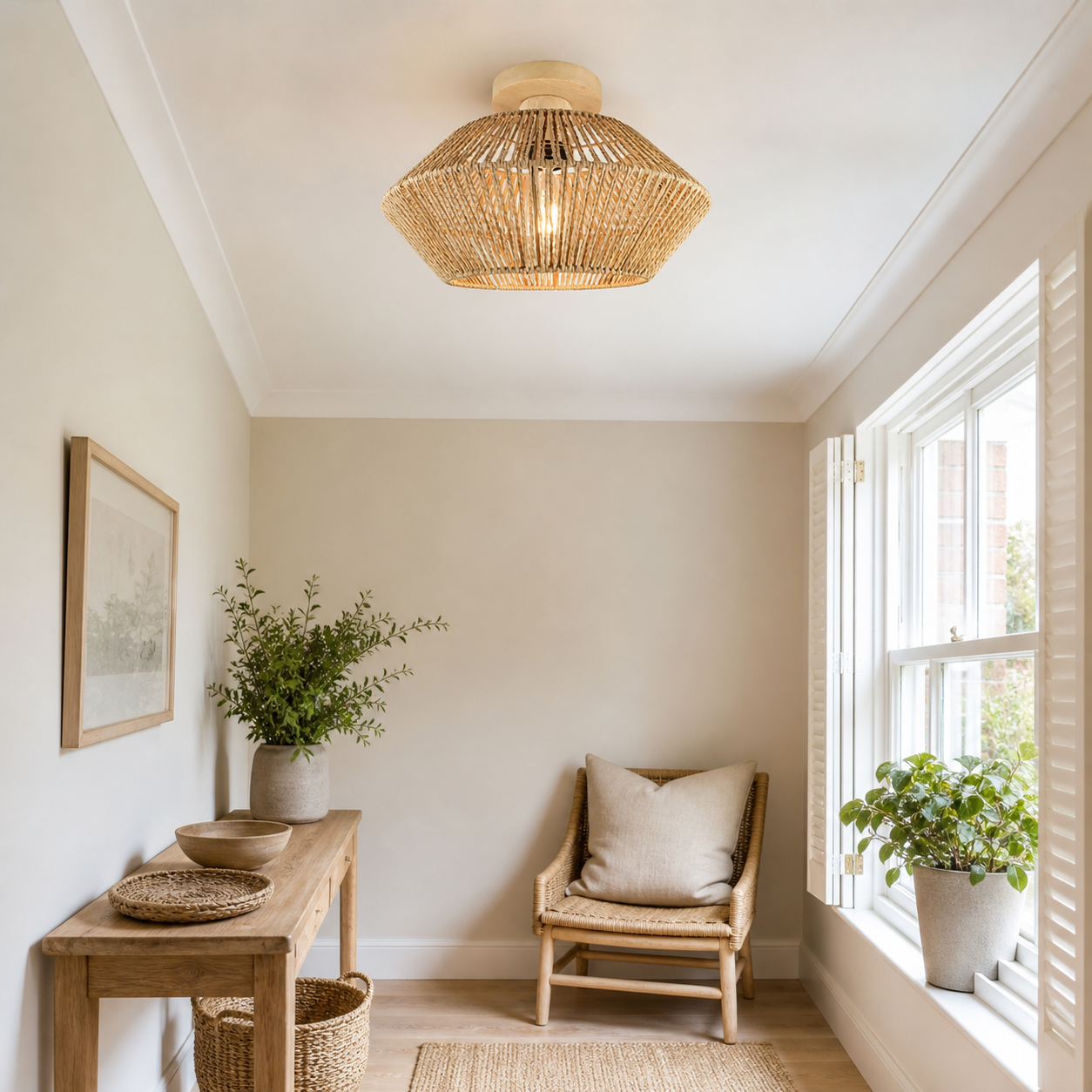 rattan pendant light above a bright dining table