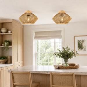 rattan pendant light above a bright dining table