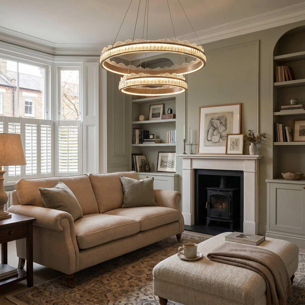 aluminium ring pendant light above a bright dining table