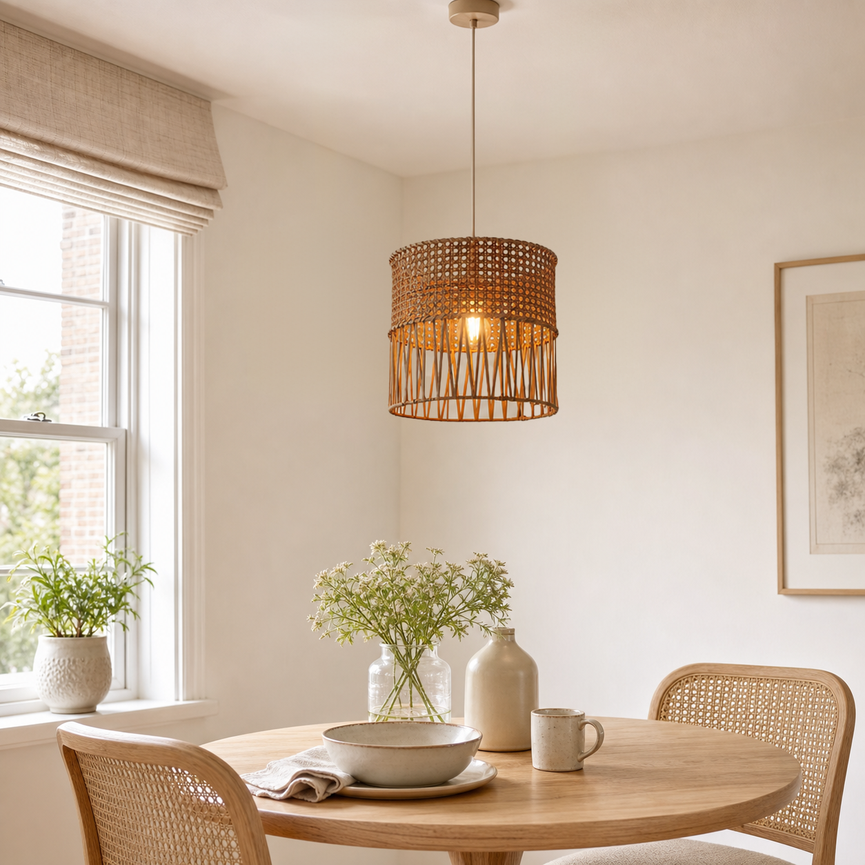 rattan pendant light in a sunlit breakfast nook