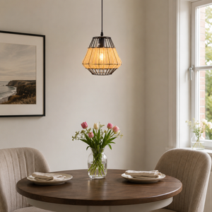 rattan iron pendant light over a warm kitchen counter