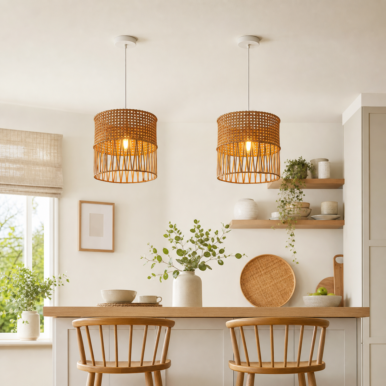 rattan pendant light beside a bright window