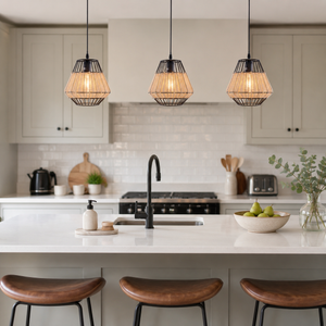 rattan iron pendant light in a sunlit breakfast nook