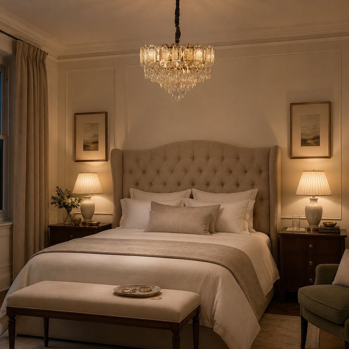 arvia-elegant crystal-accented champagne gold pendant light over a warm kitchen counter
