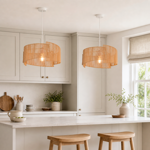 paper rope pendant light above a bright dining table