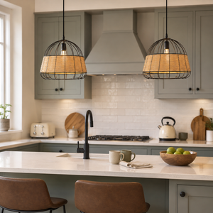 rattan iron pendant light over a warm kitchen counter