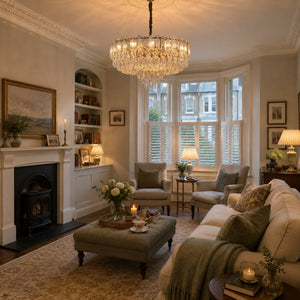 arvia-elegant crystal-accented champagne gold pendant light beside a bright window