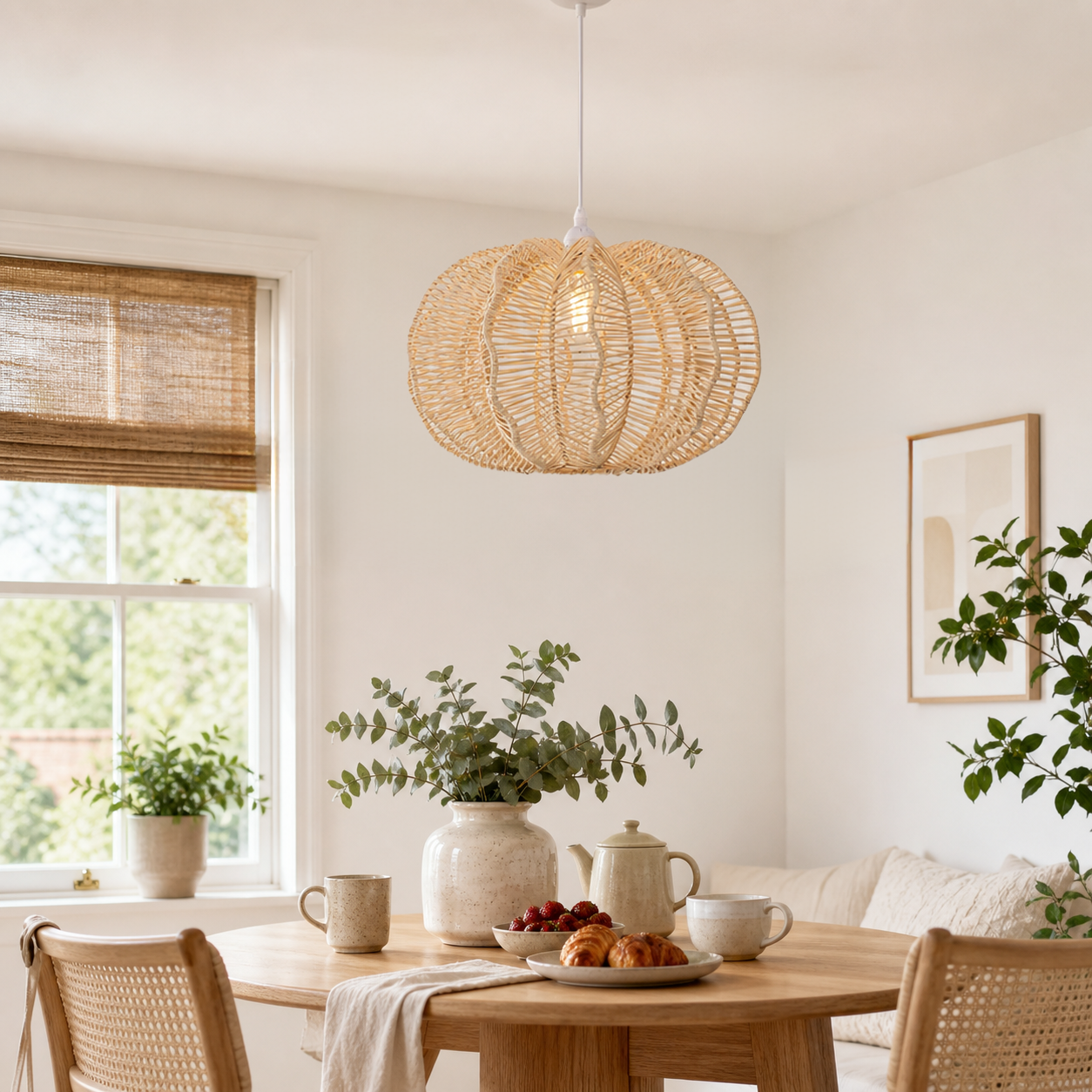 rattan pendant light in a sunlit breakfast nook