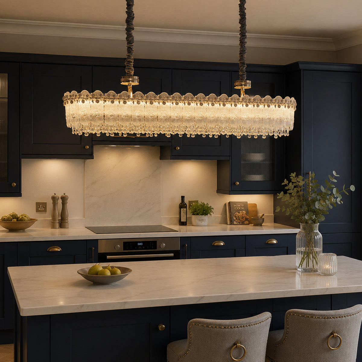 oval pendant light above a bright dining table
