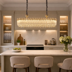 oval pendant light over a warm kitchen counter