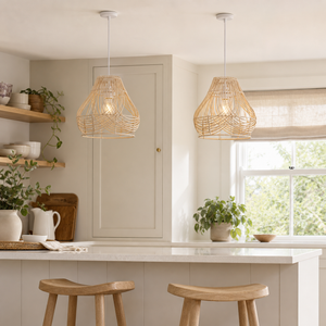 rattan pendant light above a bright dining table