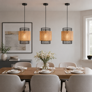 black rattan pendant light beside a bright window