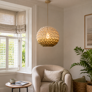 cotton rope globe pendant light in a sunlit breakfast nook